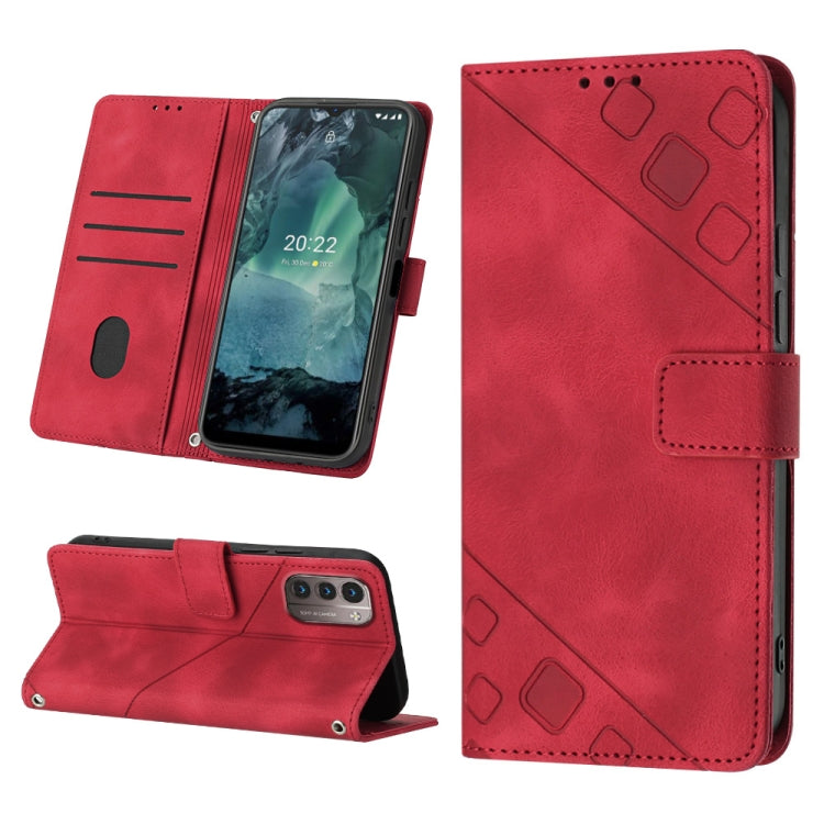 Red embossed leather wallet phone case with flip stand and card slots