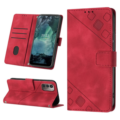 Red embossed leather wallet phone case with flip stand and card slots