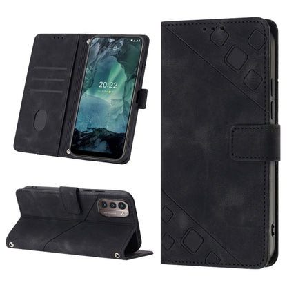 Black embossed leather wallet phone case with kickstand and card slots.