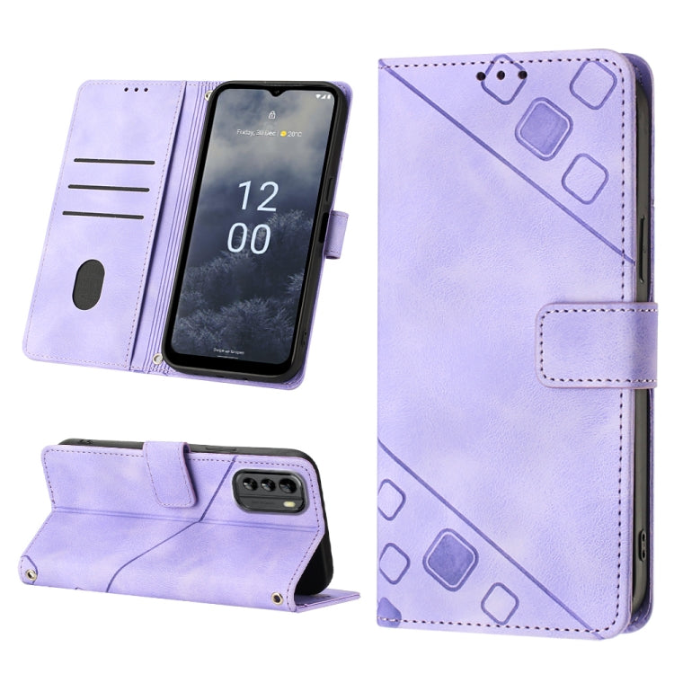 Lavender embossed leather phone case folio with stand, card slots, and geometric pattern