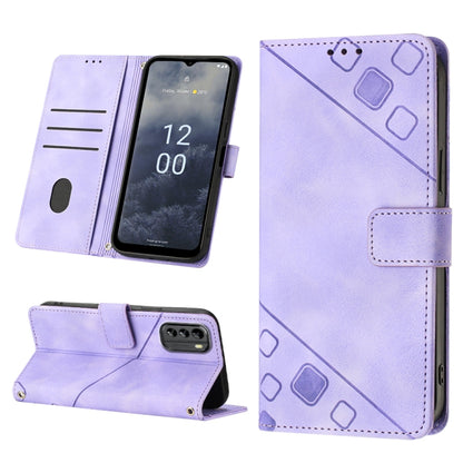 Lavender embossed leather phone case folio with stand, card slots, and geometric pattern