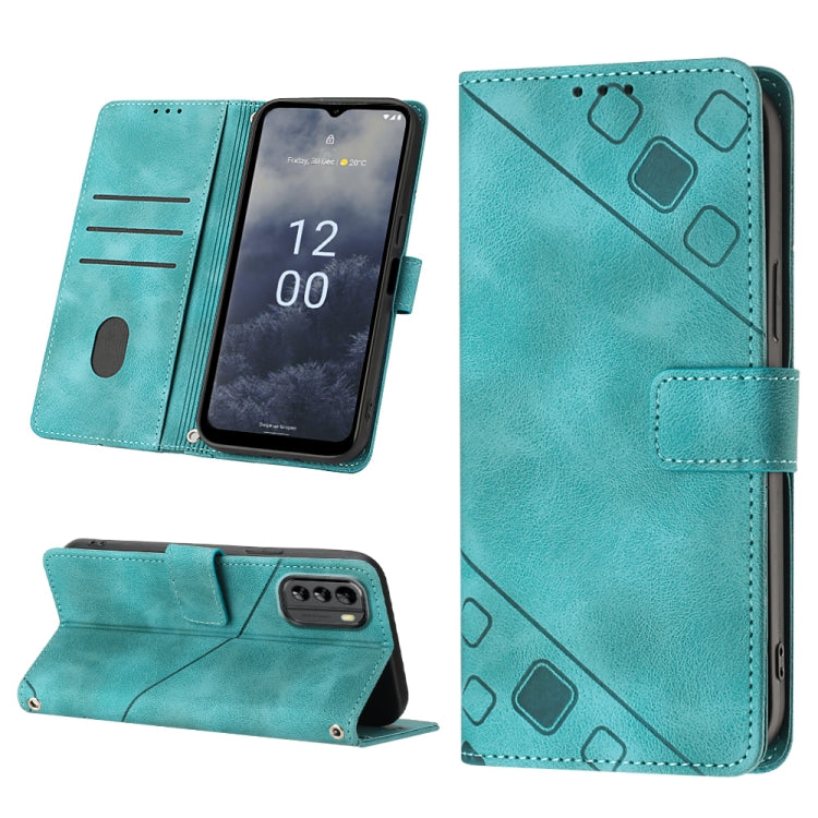 Teal embossed leather wallet-style phone case with stand, card slots, and patterned embossing