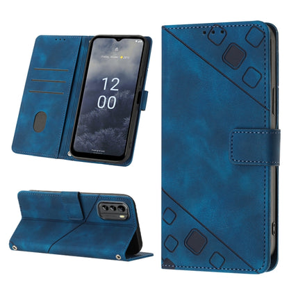 Blue embossed leather folio phone case with stand, card slot, and magnetic flap