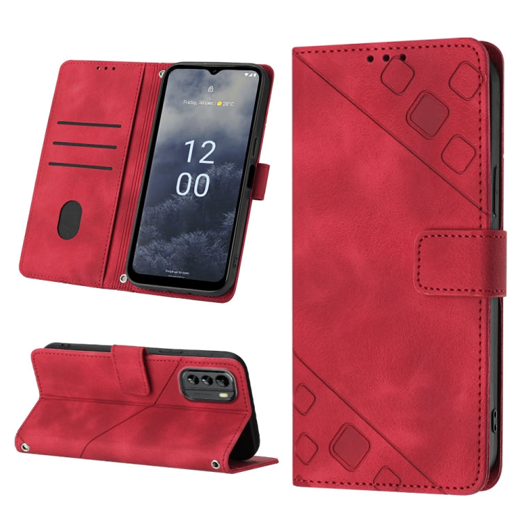 Red embossed leather wallet phone case with flip stand and card slots