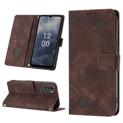 Brown embossed leather wallet phone case with kickstand and card slots.
