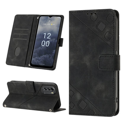 Black embossed leather wallet phone case with kickstand and card slots.