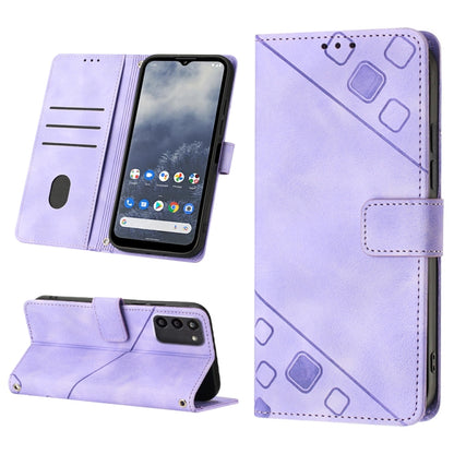 Lavender embossed leather phone case folio with stand and stitched geometric design