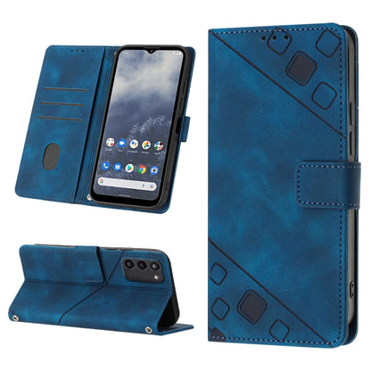 Blue embossed leather folio phone case with stand, card slot, and magnetic flap
