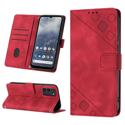 Red embossed leather wallet phone case with flip stand and card slots