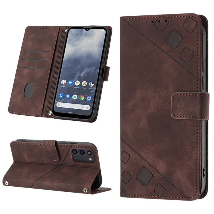 Brown embossed leather wallet phone case with kickstand and card slots.