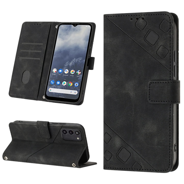 Black embossed leather wallet phone case with kickstand and card slots.
