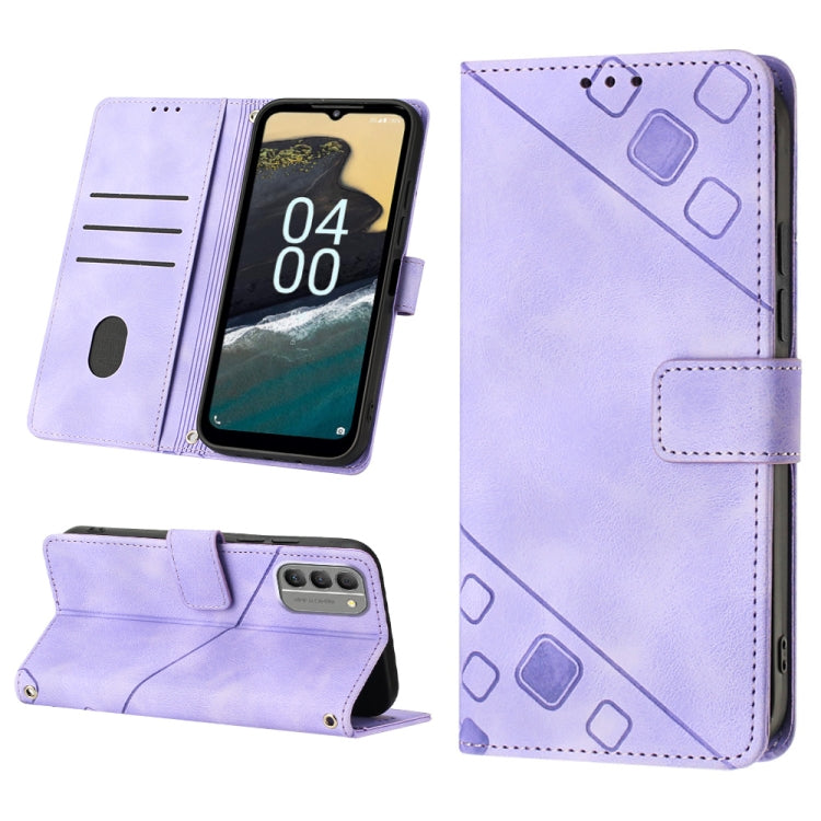 Lavender embossed leather phone case folio with stand and stitched geometric pattern
