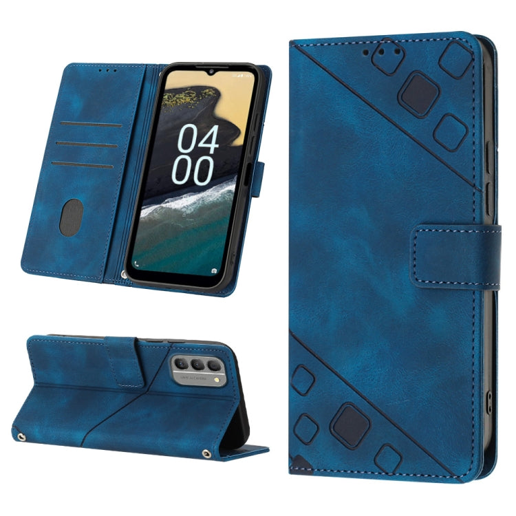 Blue embossed leather wallet phone case with flip stand and card slots