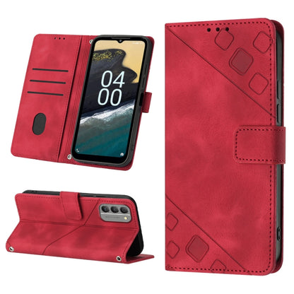 Red embossed leather wallet phone case with flip stand and card slots