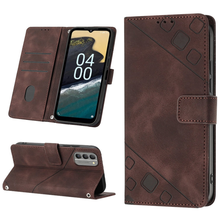 Brown embossed leather wallet phone case with kickstand and card slots.