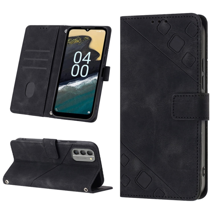 Black embossed leather folio phone case with wallet card slot and kickstand