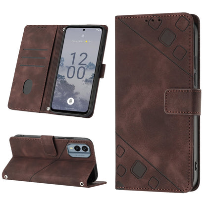 Brown embossed leather wallet phone case with kickstand and card slots.