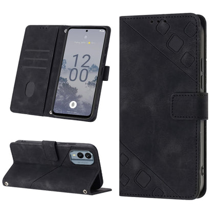 Black embossed leather folio phone case with diagonal pattern, magnetic closure