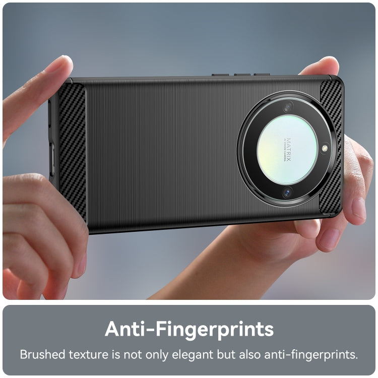 Black brushed texture phone case held in hands, circular camera-ring cutout visible