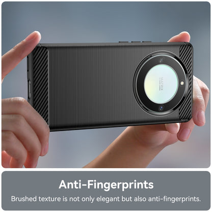 Black brushed texture phone case held in hands, circular camera-ring cutout visible