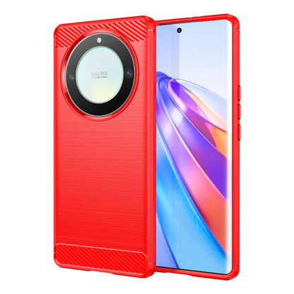 Red brushed texture TPU phone case with circular camera-ring design, front and back view