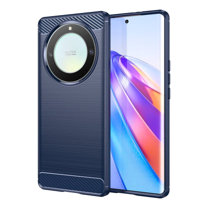 Blue brushed texture TPU phone case with circular camera-ring design, front and back view