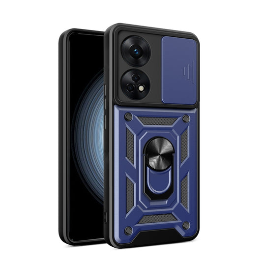 Blue sliding camera cover phone case with armored geometric design and ring holder
