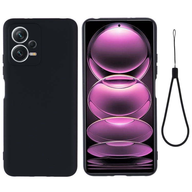 Black liquid silicone full-coverage phone case with lanyard, raised camera protection