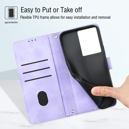 Light purple embossed leather wallet phone case with TPU frame and cutouts