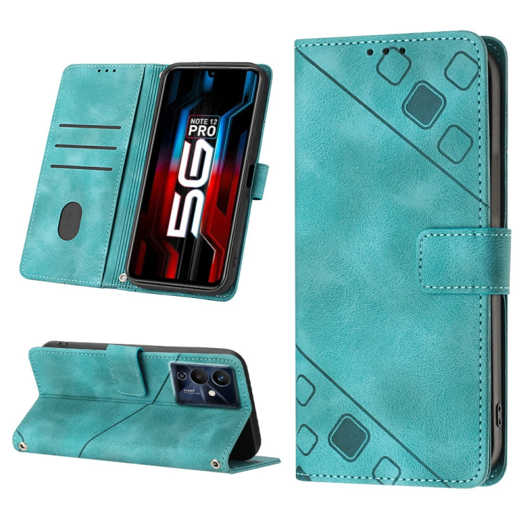 Green embossed leather wallet phone case with flip cover and stitched accents