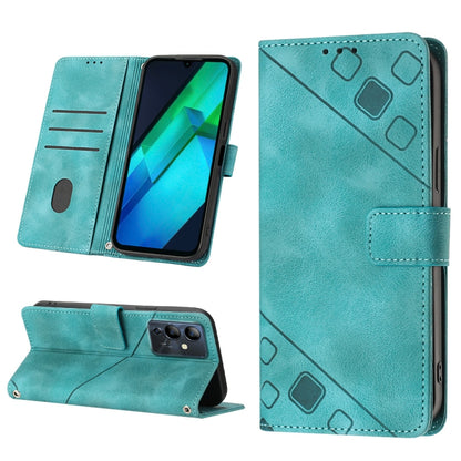 Embossed leather-look phone wallet case, teal flip cover with card slots and stand