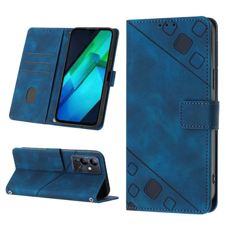 Embossed leather-look phone wallet case, blue flip cover with card slots and stand