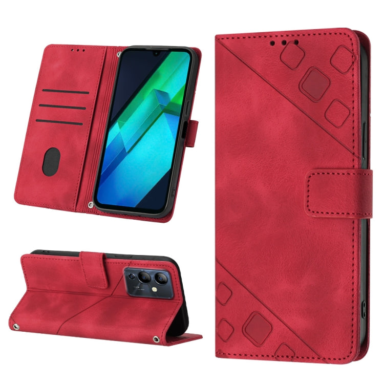 Embossed leather-look phone wallet case, red flip cover with card slots and stand