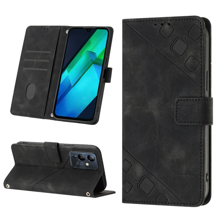 Embossed leather-look phone wallet case, black with textured back and flip cover