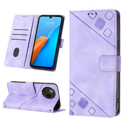 Embossed leather-look phone wallet case, light purple with flip cover and stand