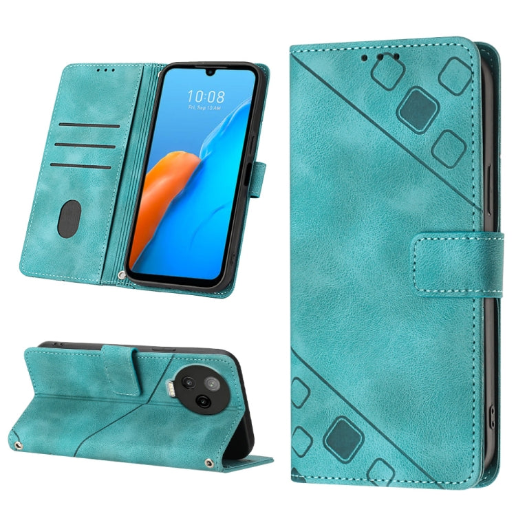 Embossed leather-look phone wallet case, teal flip cover with card slots and stand