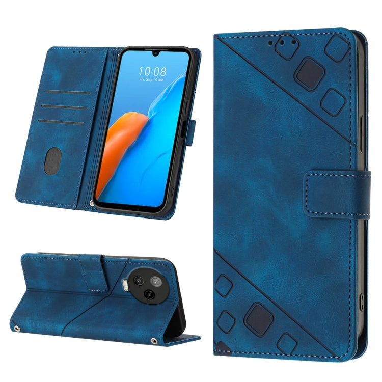 Embossed leather-look phone wallet case, blue flip cover with card slots and stand