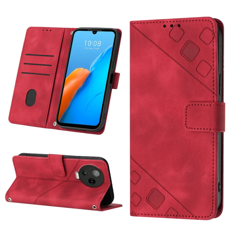 Red embossed leather phone case with wallet flap, card slots, and kickstand