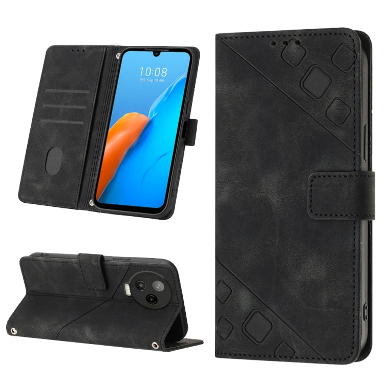 Black embossed leather phone case with wallet flap, card slots, and kickstand
