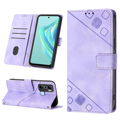 Light purple embossed leather phone case with wallet flap, card slots, and kickstand