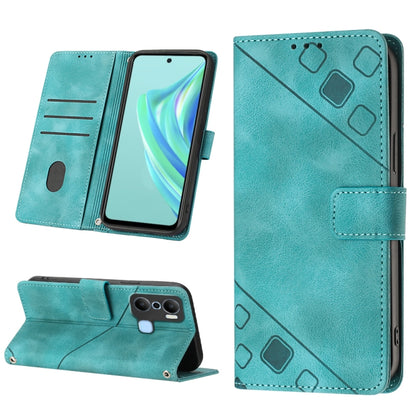 Teal embossed leather phone case with wallet flap, card slots, and kickstand