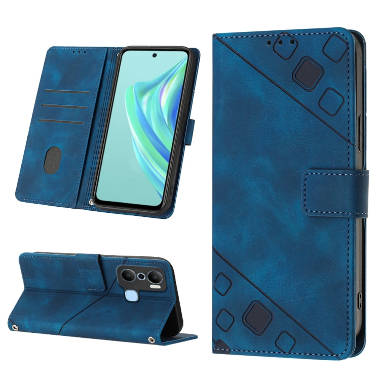 Blue embossed leather phone case with wallet flap, card slots, and kickstand