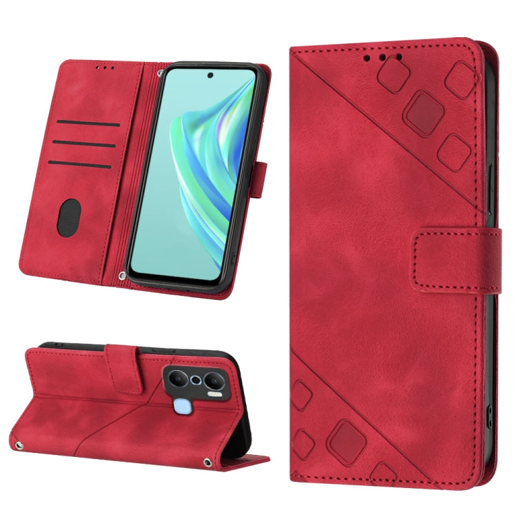 Red embossed leather phone case with stitched wallet flap and card holder