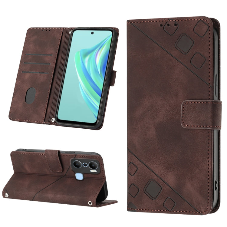 Brown embossed leather phone case with wallet flap and stitched card slot