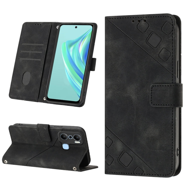 Black embossed leather phone case with wallet flap and stitched card holder