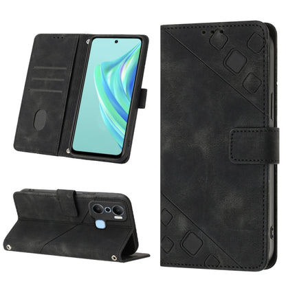 Black embossed leather phone case with wallet flap and stitched card holder
