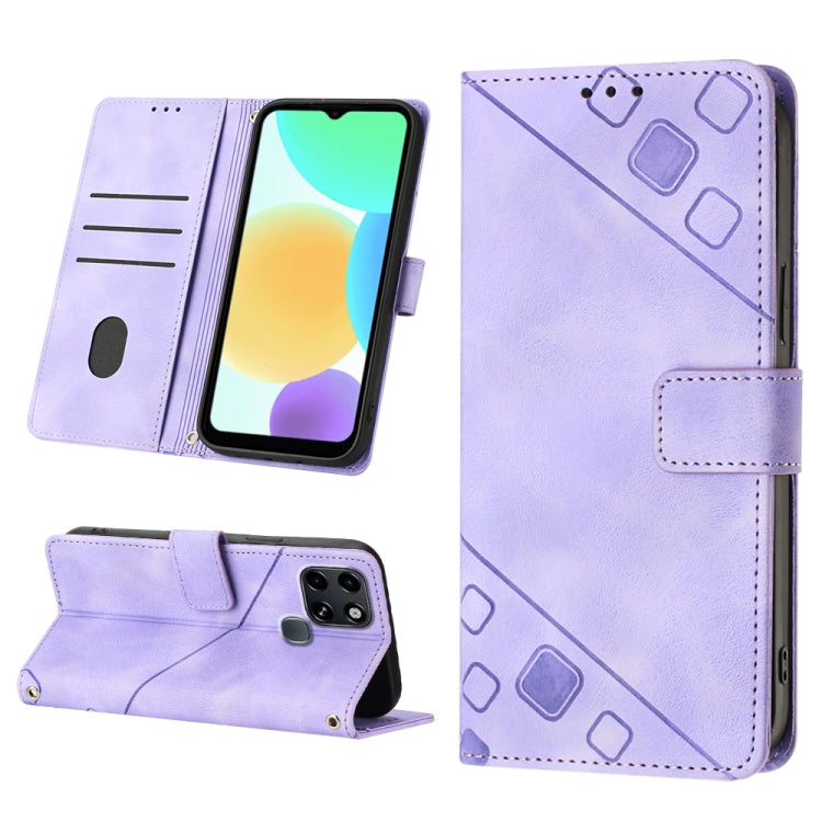 Light purple embossed leather phone case with wallet flap and stitched card slot