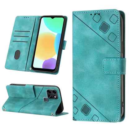 Teal embossed leather phone case with wallet flap and stitched card holder