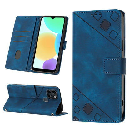 Blue embossed leather phone case with folio wallet, card slots, and kickstand