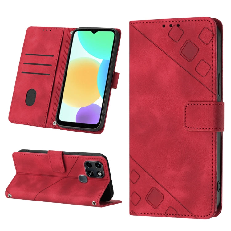 Red embossed leather phone case with folio wallet, card slots, and kickstand